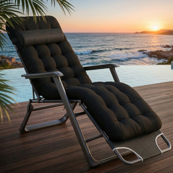 Сгъваем градински шезлонг с мека ватирана възглавница, дишаща материя, регулируем, 178см