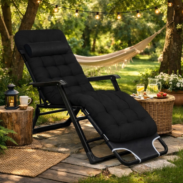 Сгъваем градински шезлонг с мека ватирана възглавница, дишаща материя, регулируем, 178см