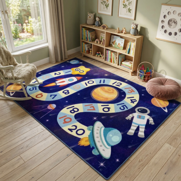 Детски килим за игра 120х160см - Тъмносин килим с космос и пътека от числа, противоплъзгащ и миещ се 3