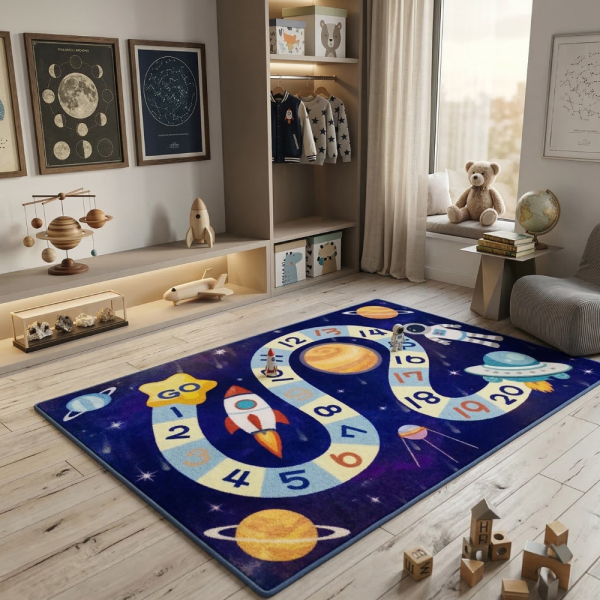 Детски килим за игра 120х160см - Тъмносин килим с космос и пътека от числа, противоплъзгащ и миещ се 5