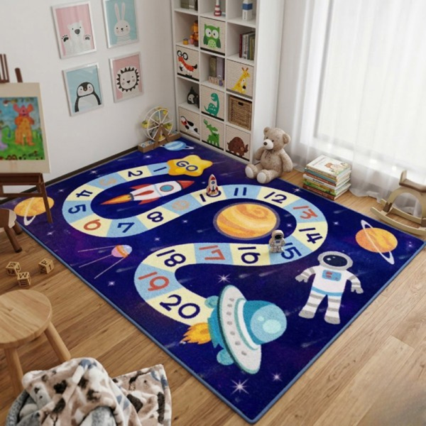 Детски килим за игра 120х160см - Тъмносин килим с космос и пътека от числа, противоплъзгащ и миещ се 6