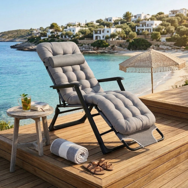 Сгъваем градински шезлонг с мека ватирана възглавница, регулируема облегалка и метална рамка 1