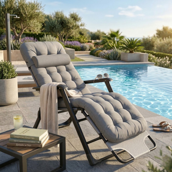 Сгъваем градински шезлонг с мека ватирана възглавница, регулируема облегалка и метална рамка