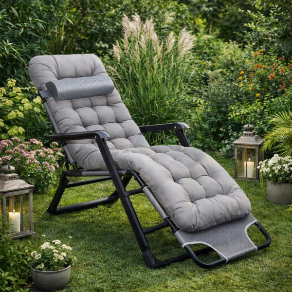 Сгъваем градински шезлонг с мека ватирана възглавница, регулируема облегалка и метална рамка 3