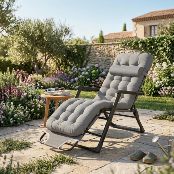 Сгъваем градински шезлонг с мека ватирана възглавница, регулируема облегалка и метална рамка