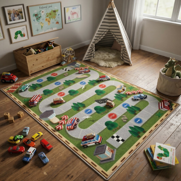 Детски килим за игра 120х160см - Тъмнозелен килим с автописта, противоплъзгащ и миещ се