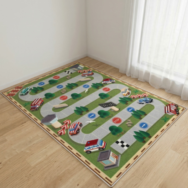 Детски килим за игра 120х160см - Тъмнозелен килим с автописта, противоплъзгащ и миещ се 1