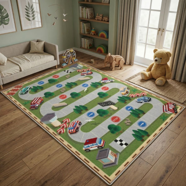 Детски килим за игра 120х160см - Тъмнозелен килим с автописта, противоплъзгащ и миещ се 3