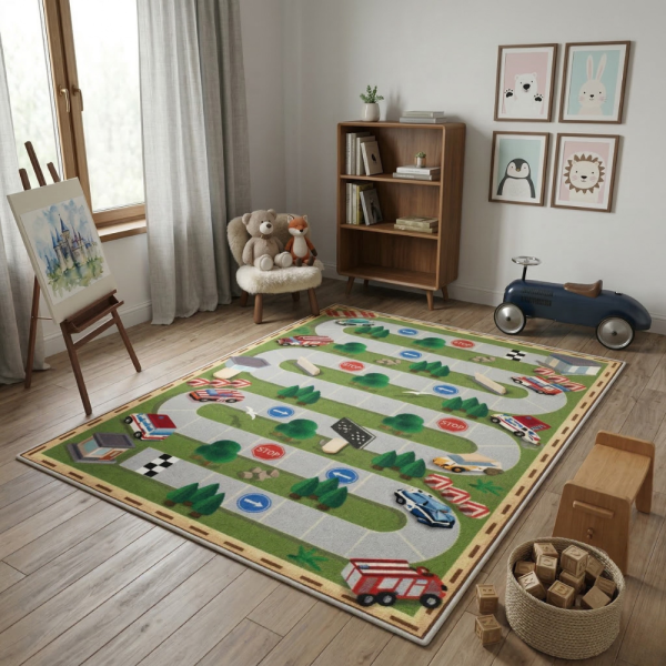 Детски килим за игра 120х160см - Тъмнозелен килим с автописта, противоплъзгащ и миещ се