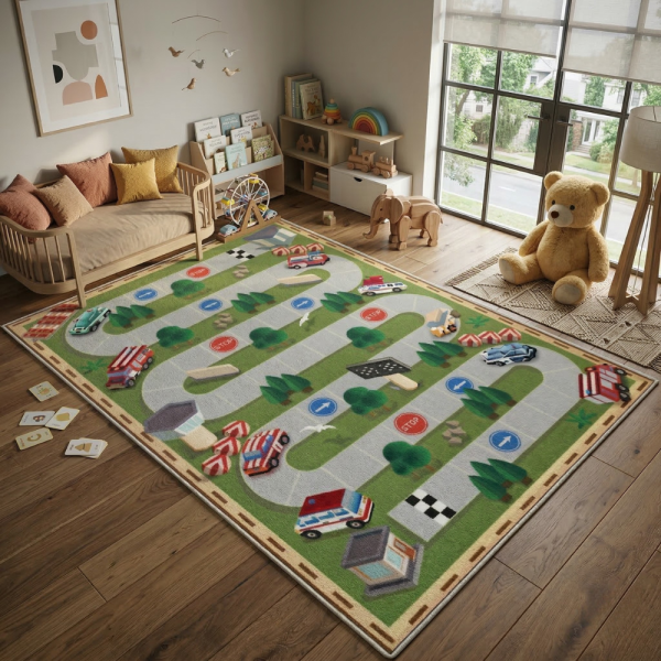Детски килим за игра 120х160см - Тъмнозелен килим с автописта, противоплъзгащ и миещ се