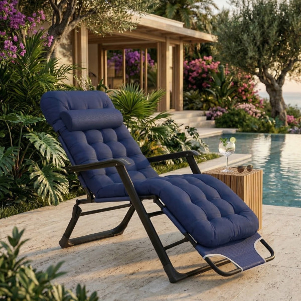 Сгъваем градински шезлонг, регулируем, със синя ватирана възглавница и дишаща материя, 178 см