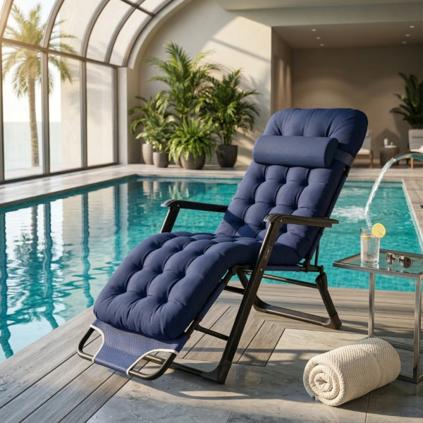 Сгъваем градински шезлонг, регулируем, със синя ватирана възглавница и дишаща материя, 178 см