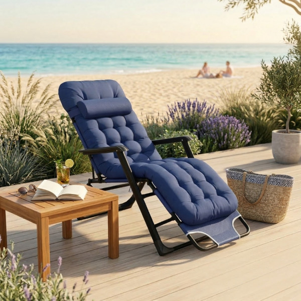 Сгъваем градински шезлонг, регулируем, със синя ватирана възглавница и дишаща материя, 178 см