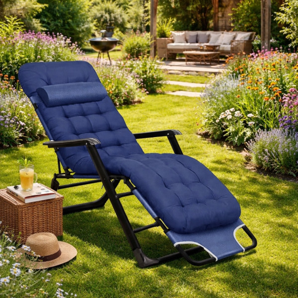 Сгъваем градински шезлонг, регулируем, със синя ватирана възглавница и дишаща материя, 178 см