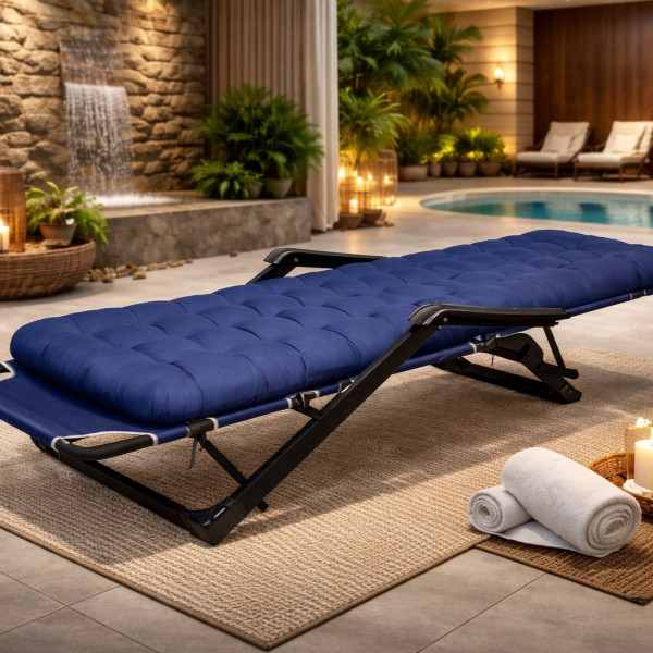 Сгъваем градински шезлонг, регулируем, със синя ватирана възглавница и дишаща материя, 178 см