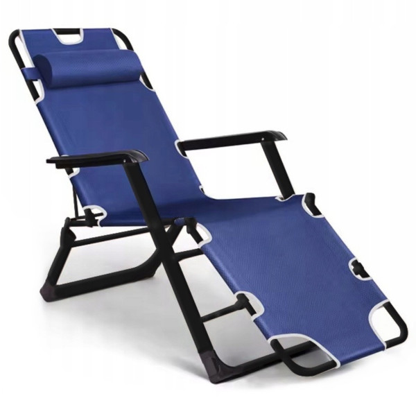 Сгъваем градински шезлонг, регулируем, със синя ватирана възглавница и дишаща материя, 178 см 7