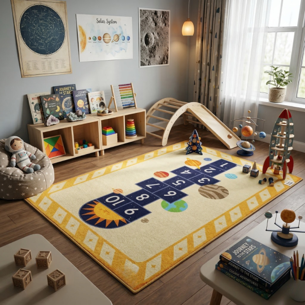 Детски килим за игра 120х160см - Жълт килим с планети и дама, противоплъзгащ и миещ се 2