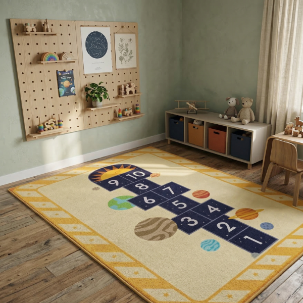 Детски килим за игра 120х160см - Жълт килим с планети и дама, противоплъзгащ и миещ се