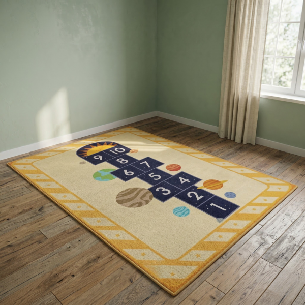 Детски килим за игра 120х160см - Жълт килим с планети и дама, противоплъзгащ и миещ се 1