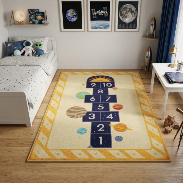 Детски килим за игра 120х160см - Жълт килим с планети и дама, противоплъзгащ и миещ се