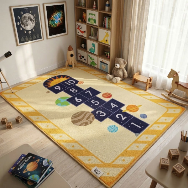 Детски килим за игра 120х160см - Жълт килим с планети и дама, противоплъзгащ и миещ се