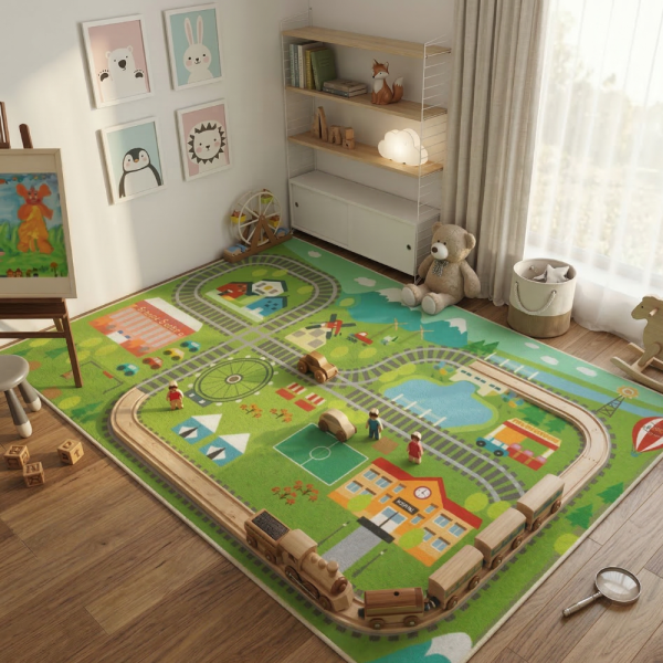 Детски килим за игра 120х160см - Яркозелен килим с влак и релси, противоплъзгащ и миещ се 2