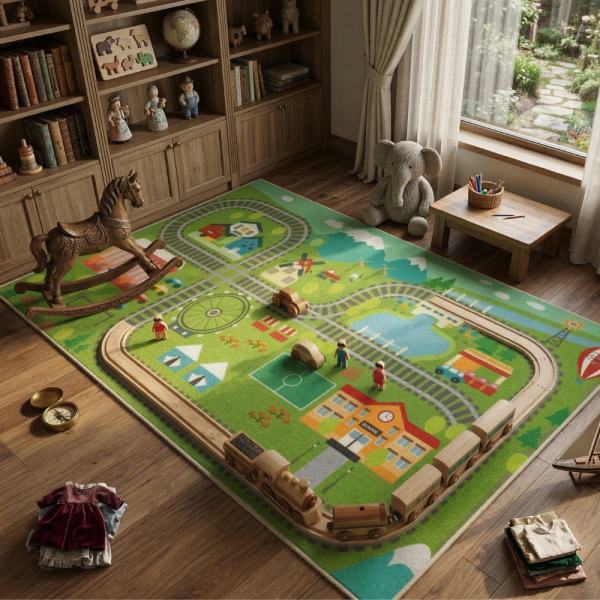 Детски килим за игра 120х160см - Яркозелен килим с влак и релси, противоплъзгащ и миещ се