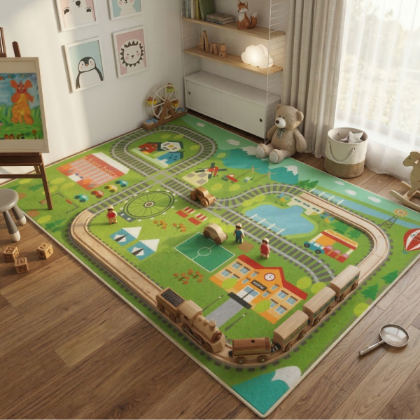 Детски килим за игра 120х160см - Яркозелен килим с влак и релси, противоплъзгащ и миещ се
