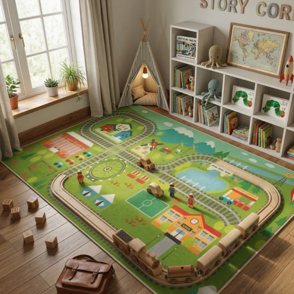 Детски килим за игра 120х160см - Яркозелен килим с влак и релси, противоплъзгащ и миещ се 5