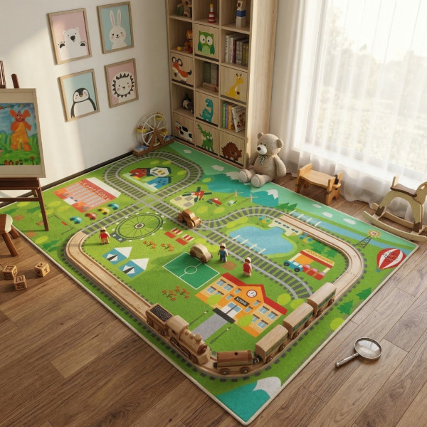 Детски килим за игра 120х160см - Яркозелен килим с влак и релси, противоплъзгащ и миещ се