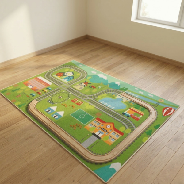 Детски килим за игра 120х160см - Яркозелен килим с влак и релси, противоплъзгащ и миещ се 1