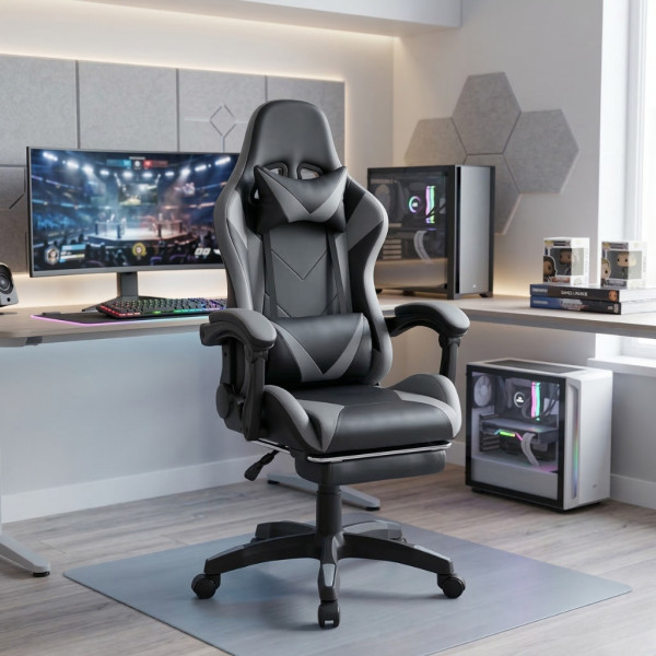 Геймърски стол с релакс механизъм, прибираща се поставка за крака и еко материал