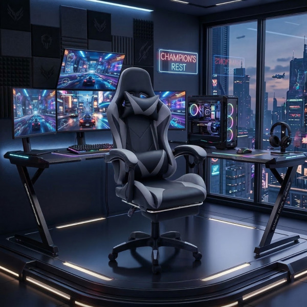 Геймърски стол с релакс механизъм, прибираща се поставка за крака и еко материал