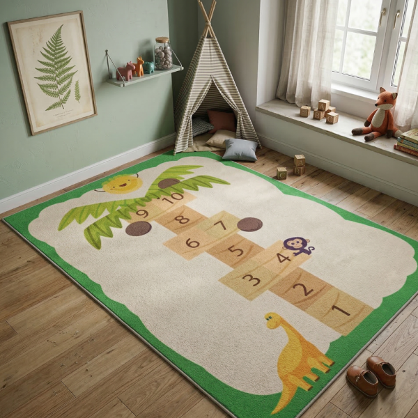 Детски килим за игра 120х160см - Бял килим с динозавър и дама-палма, противоплъзгащ и миещ се