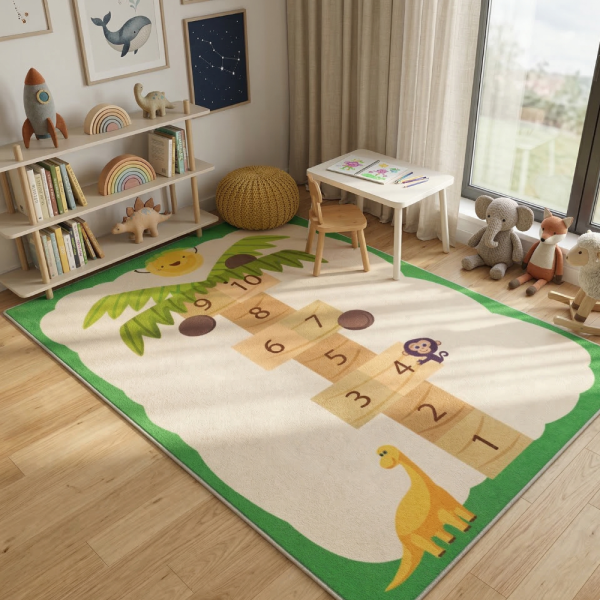 Детски килим за игра 120х160см - Бял килим с динозавър и дама-палма, противоплъзгащ и миещ се 2