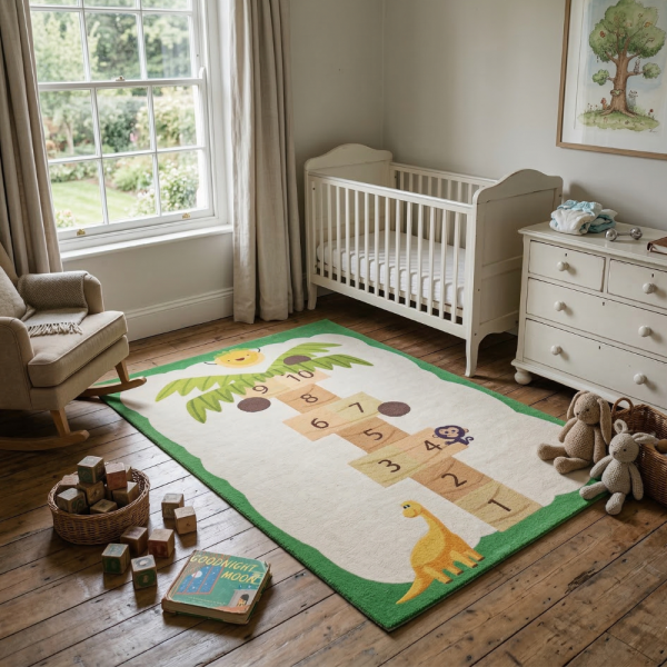 Детски килим за игра 120х160см - Бял килим с динозавър и дама-палма, противоплъзгащ и миещ се 4