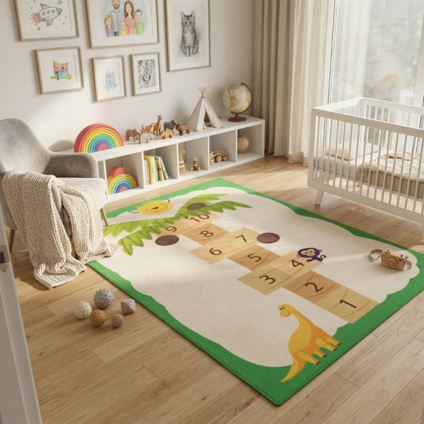 Детски килим за игра 120х160см - Бял килим с динозавър и дама-палма, противоплъзгащ и миещ се