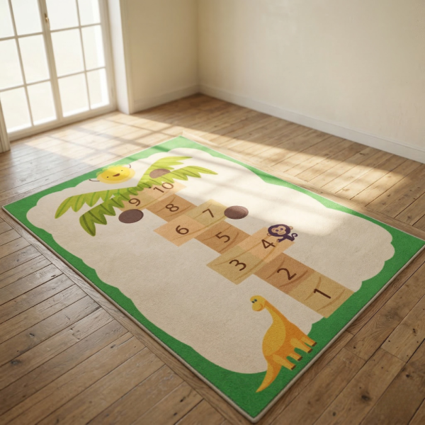 Детски килим за игра 120х160см - Бял килим с динозавър и дама-палма, противоплъзгащ и миещ се 1