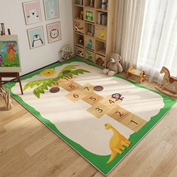 Детски килим за игра 120х160см - Бял килим с динозавър и дама-палма, противоплъзгащ и миещ се 6