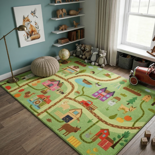 Детски килим за игра 120х160см - Светлозелен килим с ферма и животни, противоплъзгащ и миещ се 2