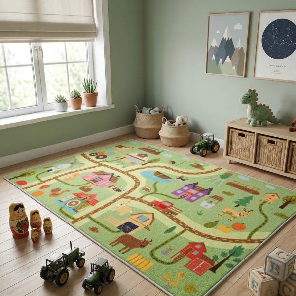 Детски килим за игра 120х160см - Светлозелен килим с ферма и животни, противоплъзгащ и миещ се