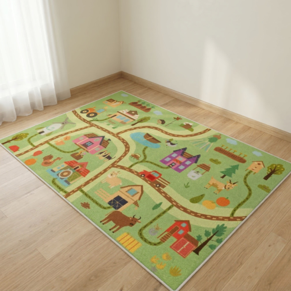 Детски килим за игра 120х160см - Светлозелен килим с ферма и животни, противоплъзгащ и миещ се 1