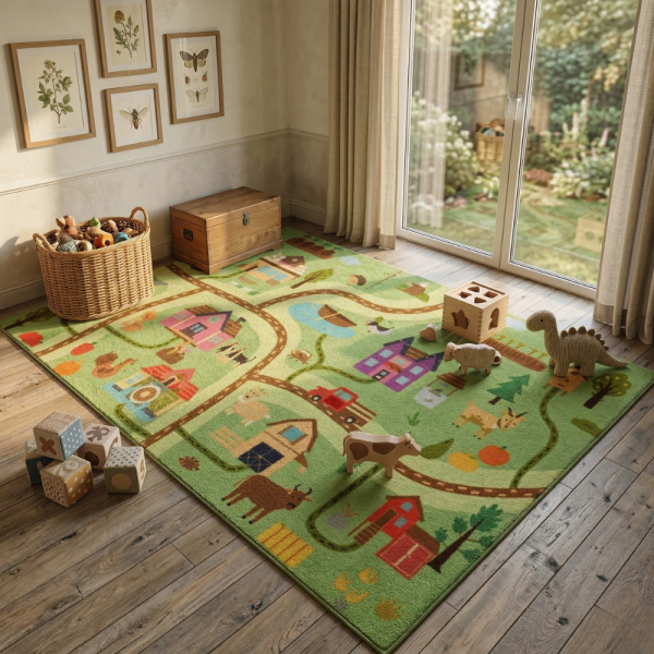 Детски килим за игра 120х160см - Светлозелен килим с ферма и животни, противоплъзгащ и миещ се