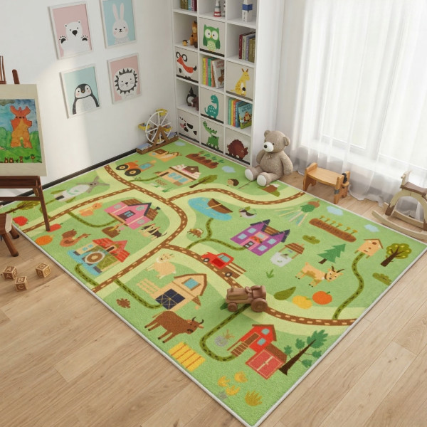 Детски килим за игра 120х160см - Светлозелен килим с ферма и животни, противоплъзгащ и миещ се