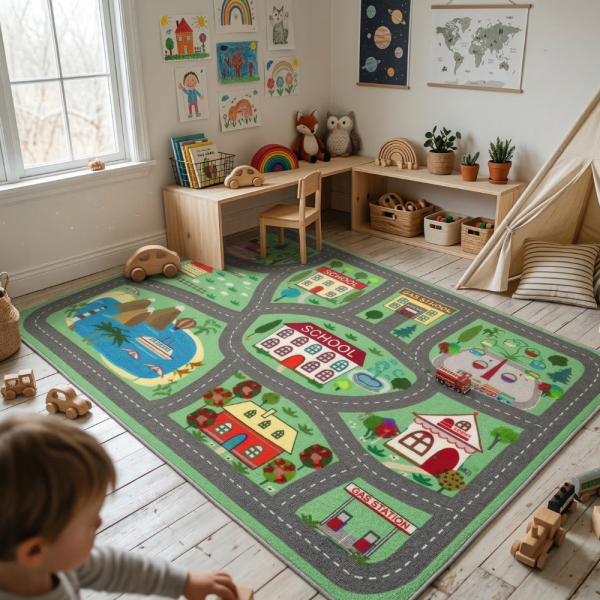 Детски килим за игра 120х160см - Зелен килим с училище и пътища, противоплъзгащ и миещ се