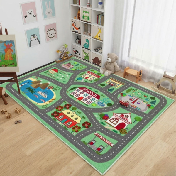 Детски килим за игра 120х160см - Зелен килим с училище и пътища, противоплъзгащ и миещ се