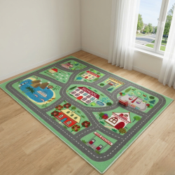 Детски килим за игра 120х160см - Зелен килим с училище и пътища, противоплъзгащ и миещ се