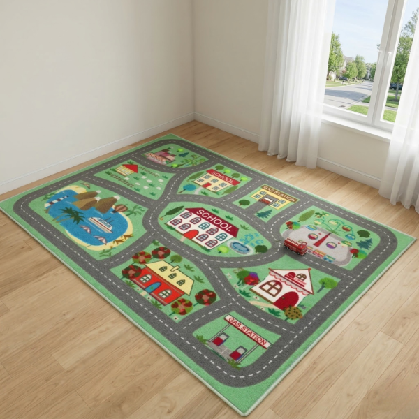 Детски килим за игра 120х160см - Зелен килим с училище и пътища, противоплъзгащ и миещ се