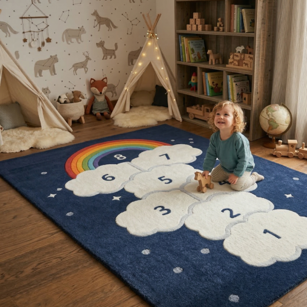 Детски килим за игра 120х160см - Тъмносин килим с облачета и дъга, противоплъзгащ и миещ се 2