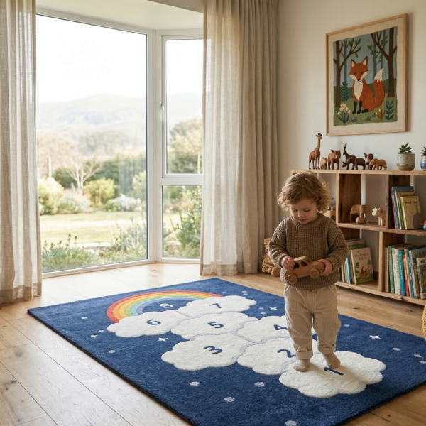 Детски килим за игра 120х160см - Тъмносин килим с облачета и дъга, противоплъзгащ и миещ се
